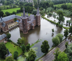 Luchtfoto van een kasteel omgeven door water